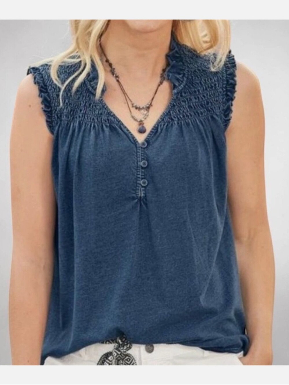 Sundance Blue Smocked Cap-Sleeve Camisole